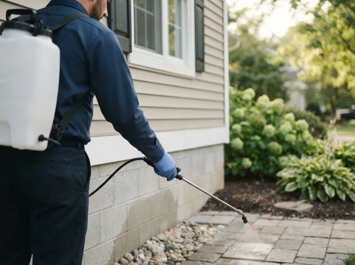 Pest control technician inspecting a home in Trenton, FL